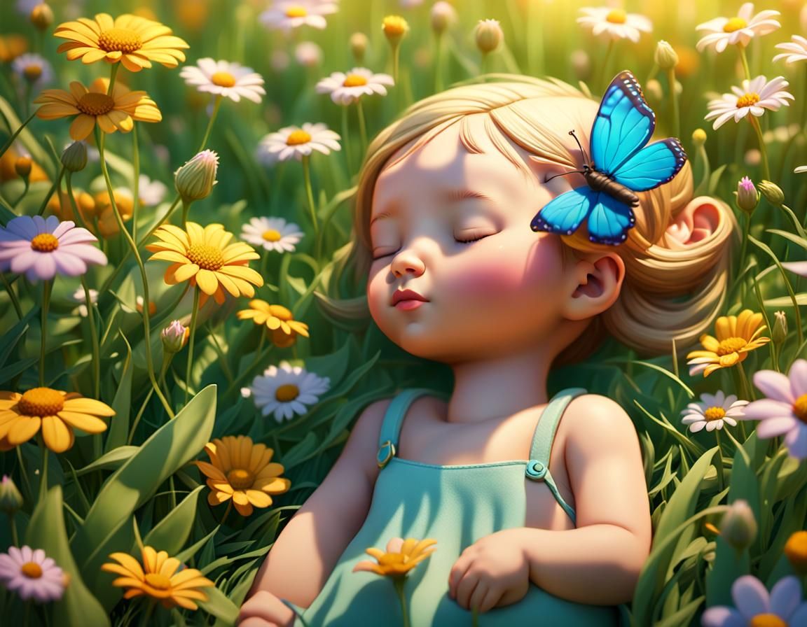 Baby Girl Sleeping in Wildflower Meadow: 3D Digital Art