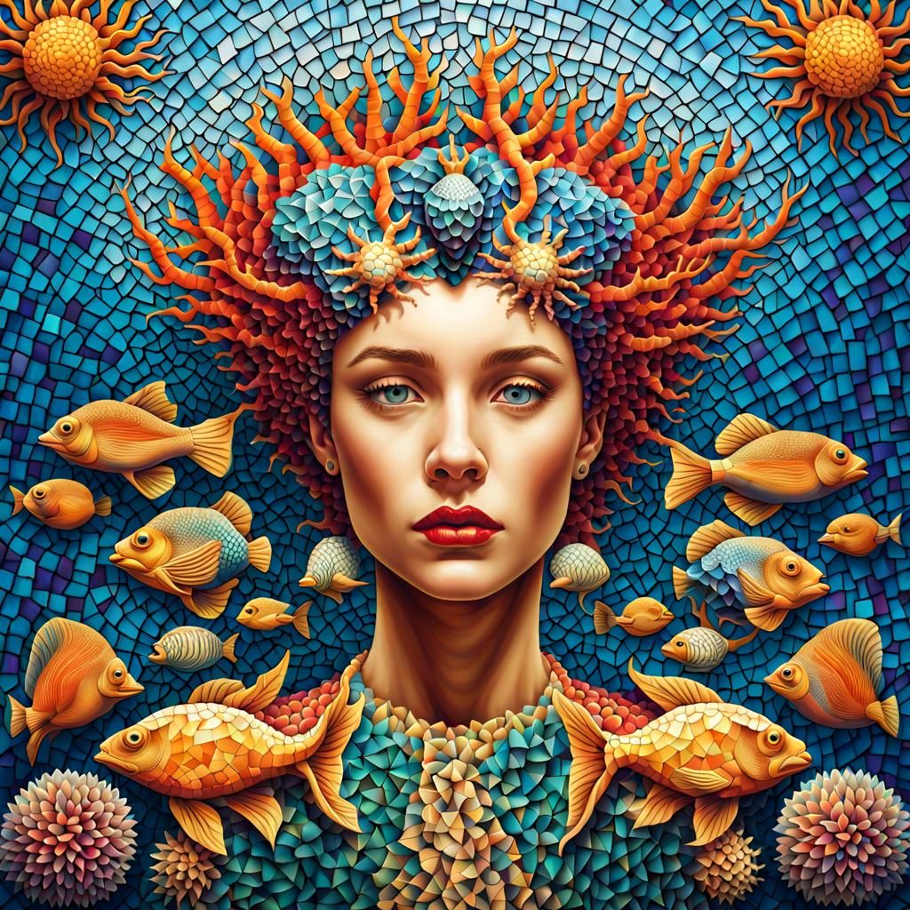 Mosaic Queen Portrait with Underwater Sea Creatures