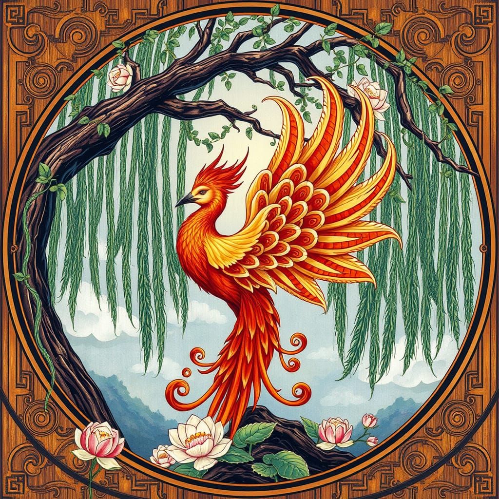 Majestic Phoenix and Willow Tree in Art Nouveau Style
