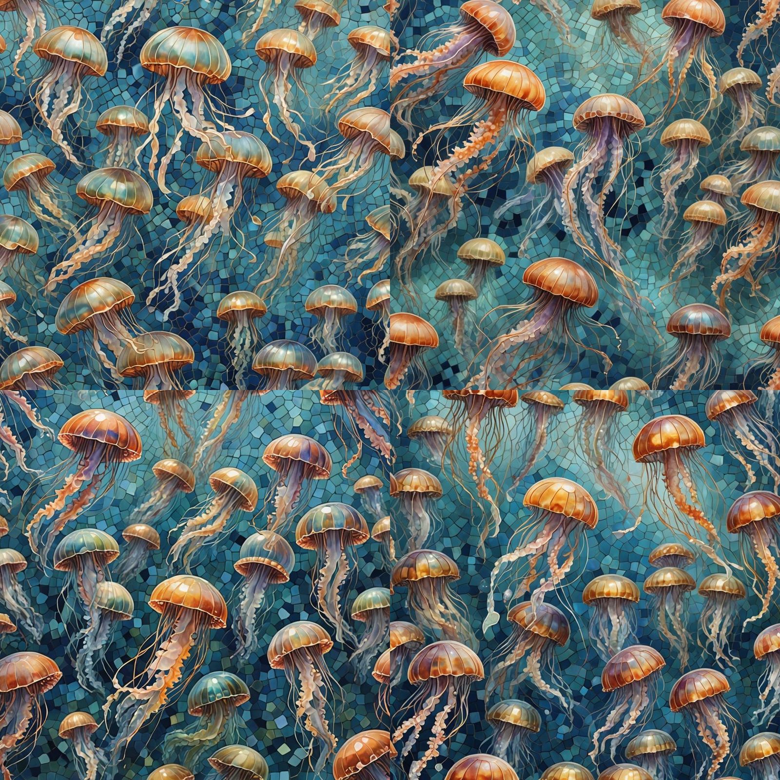 Iridescent Jellyfish Swim in Ocean Mosaic