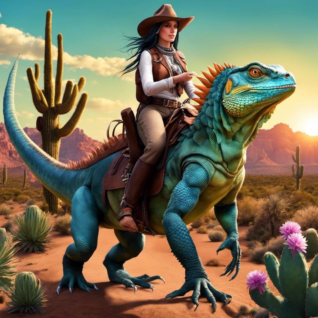 Old West Sheriff Paroling On Her Trusty Iguana Steed
