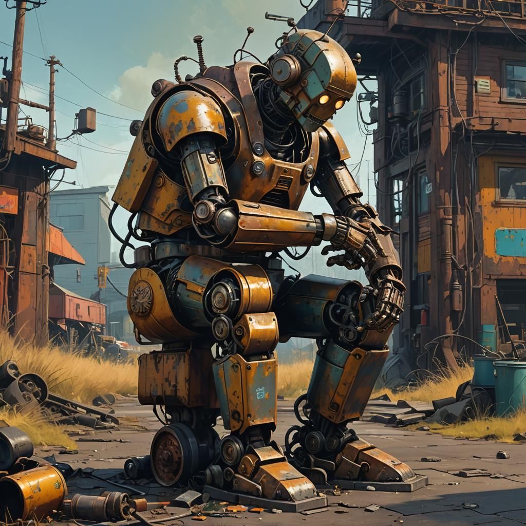 Old Robot Contemplates in Sci-Fi Concept Art