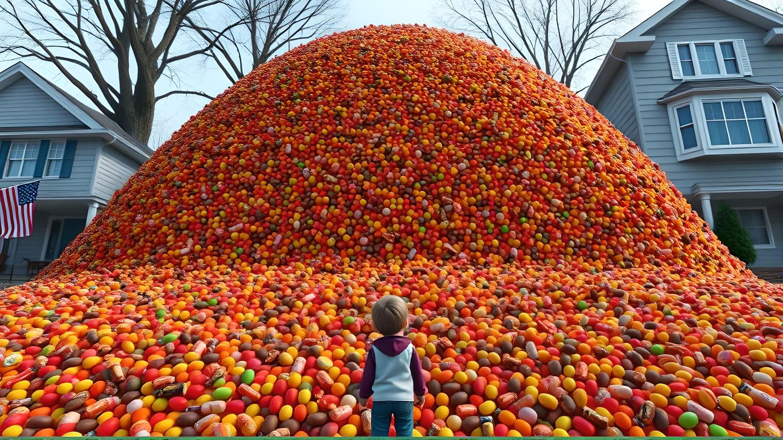 Enormous Candy Pile in Backyard, 3D Animated Style