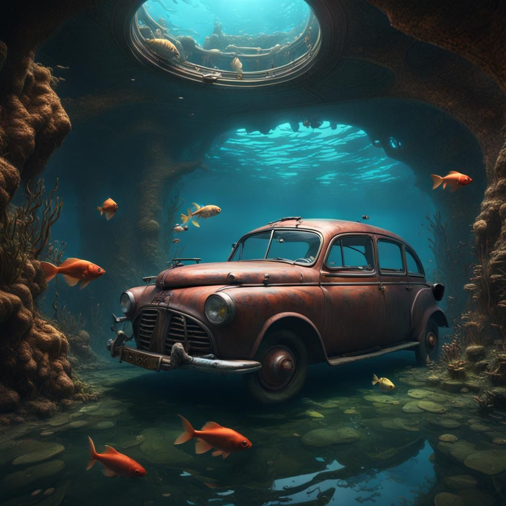 Fish Swim in Sunken Car, Detailed Matte Painting