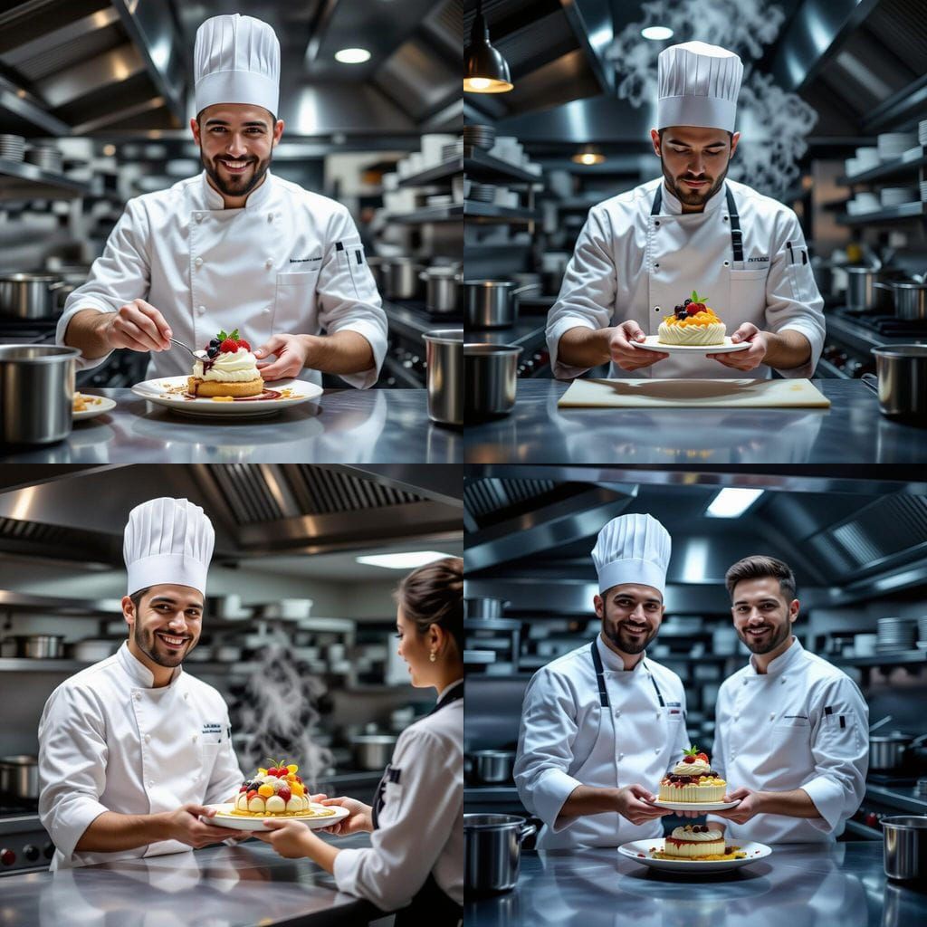 Young Chef Presents Dessert in Professional Kitchen
