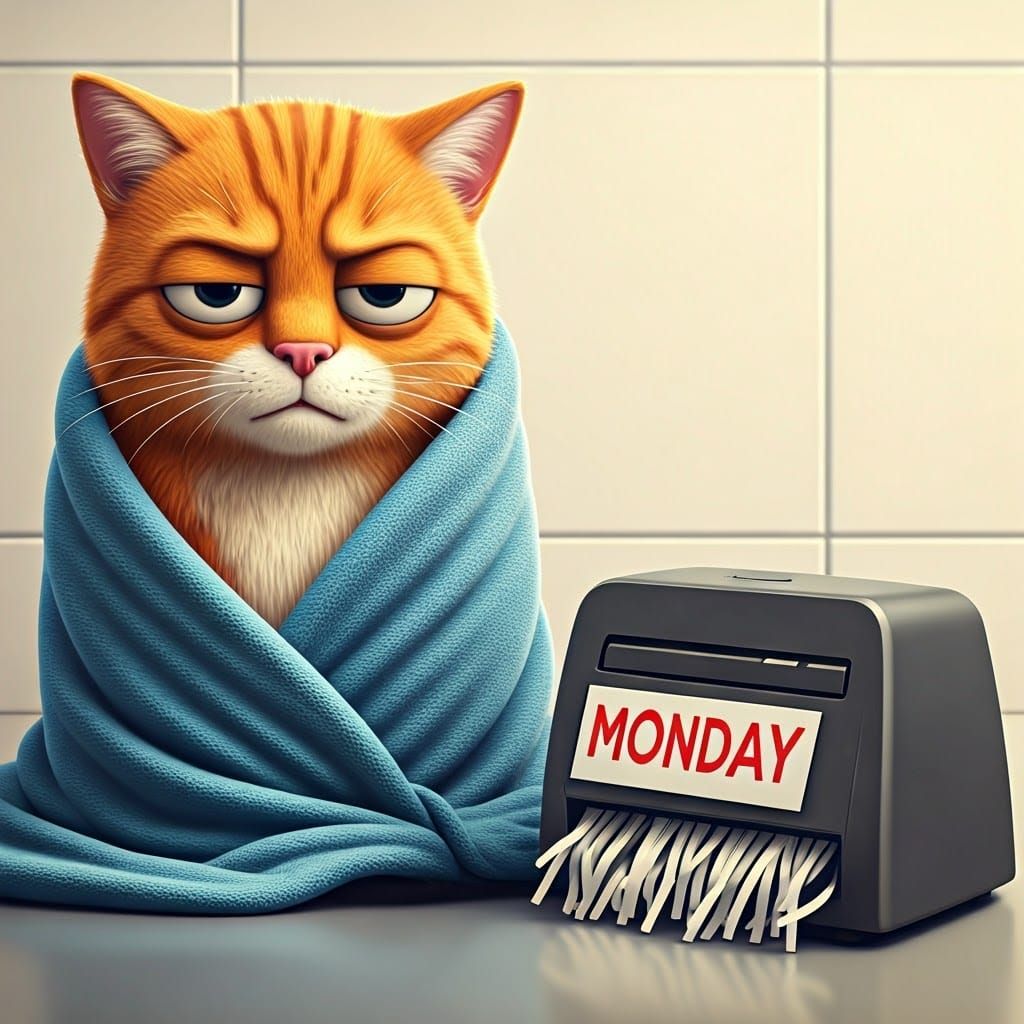 Cozy Cartoon Cat Resents Mondays in Fuzzy Blue Wrap