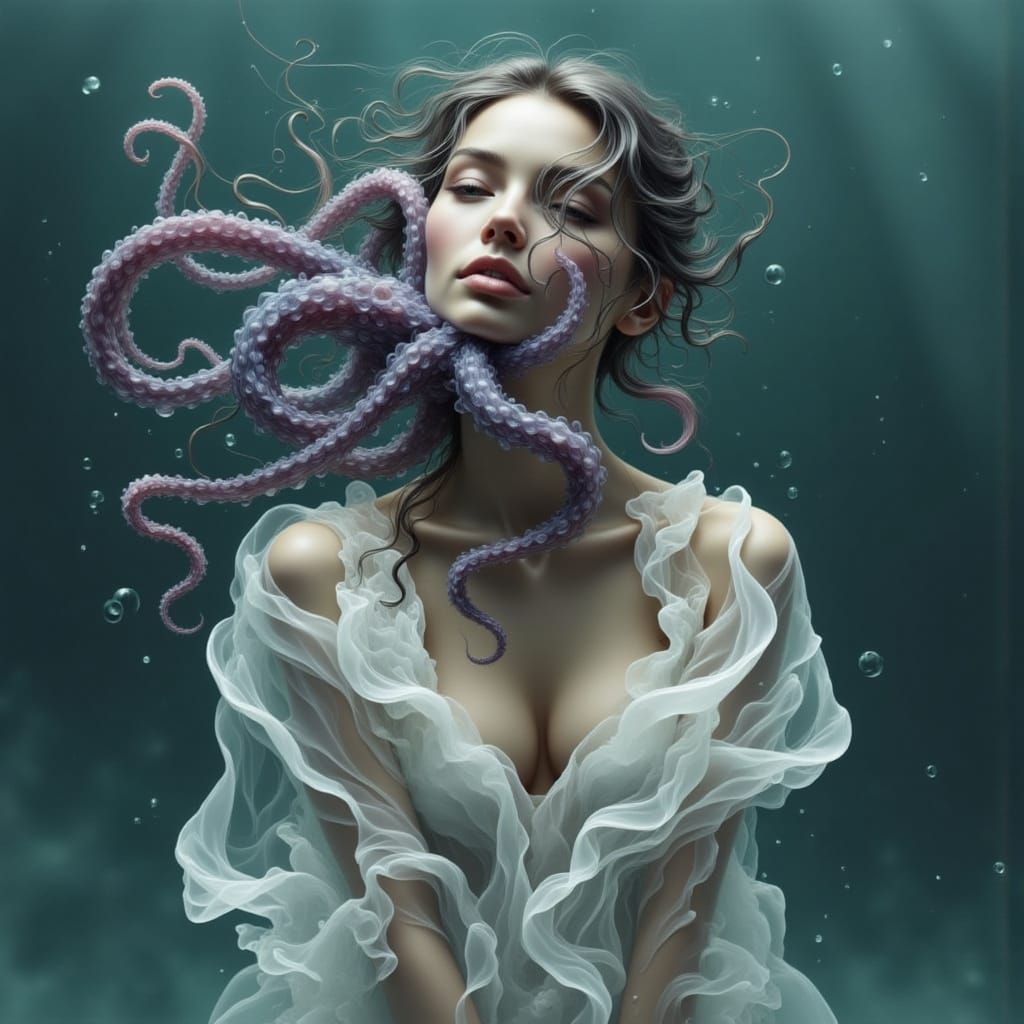 Underwater Woman with Octopus in Art Nouveau Style