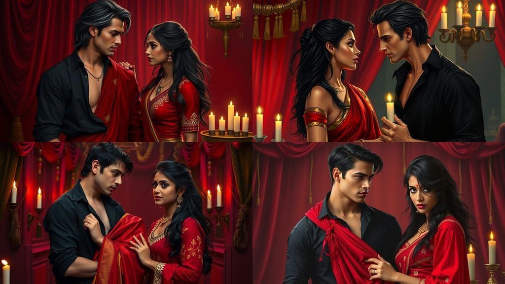 Tense Moment Between Two Lovers in a Velvet Chamber