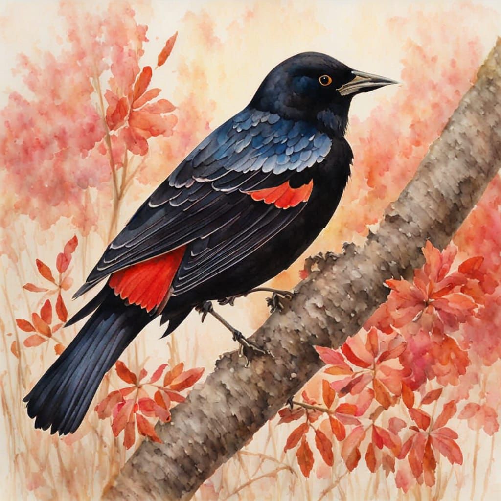 Vibrant Watercolor Red-Winged Blackbird in Flight