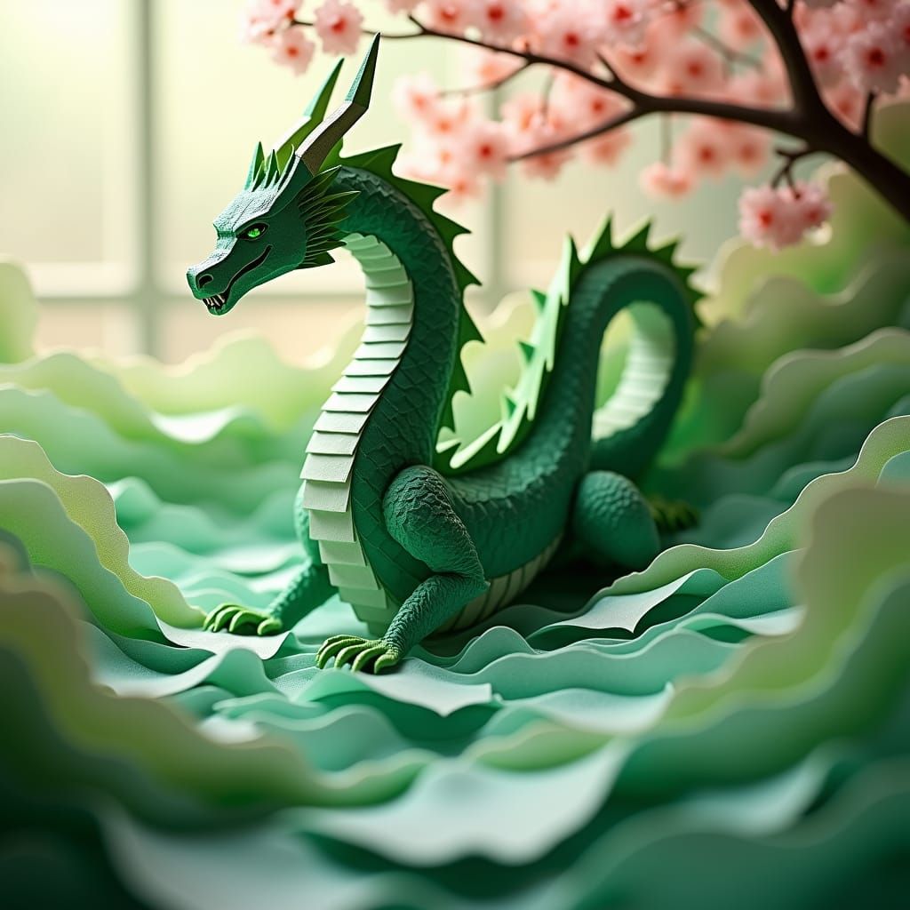 Mythic Green Dragon Emerges from Origami Sea