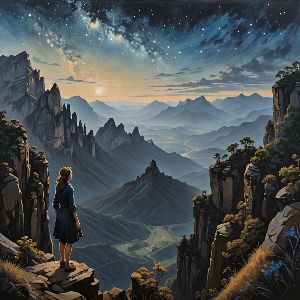 Girl Reaching for Stars in Surreal Gouache Landscape