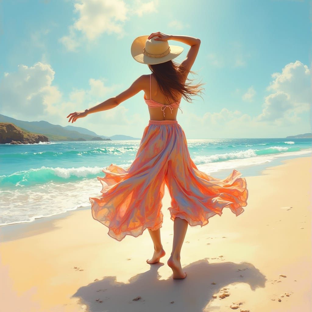 Impressionist Dancer Twirling on Sunny Beach