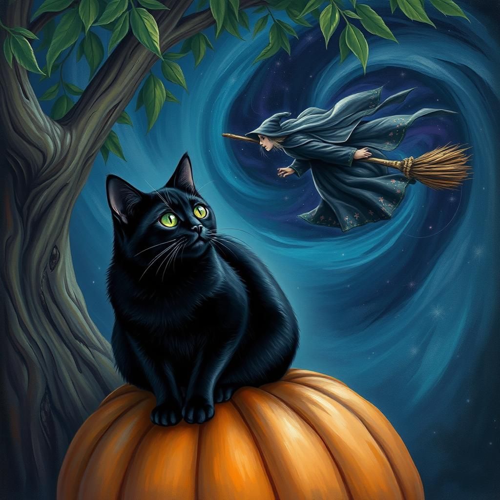 Enchanting Black Cat and Flying Witch Dreamscape