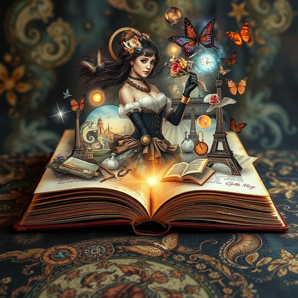 Steampunk Woman Emerges from Decoupage Book