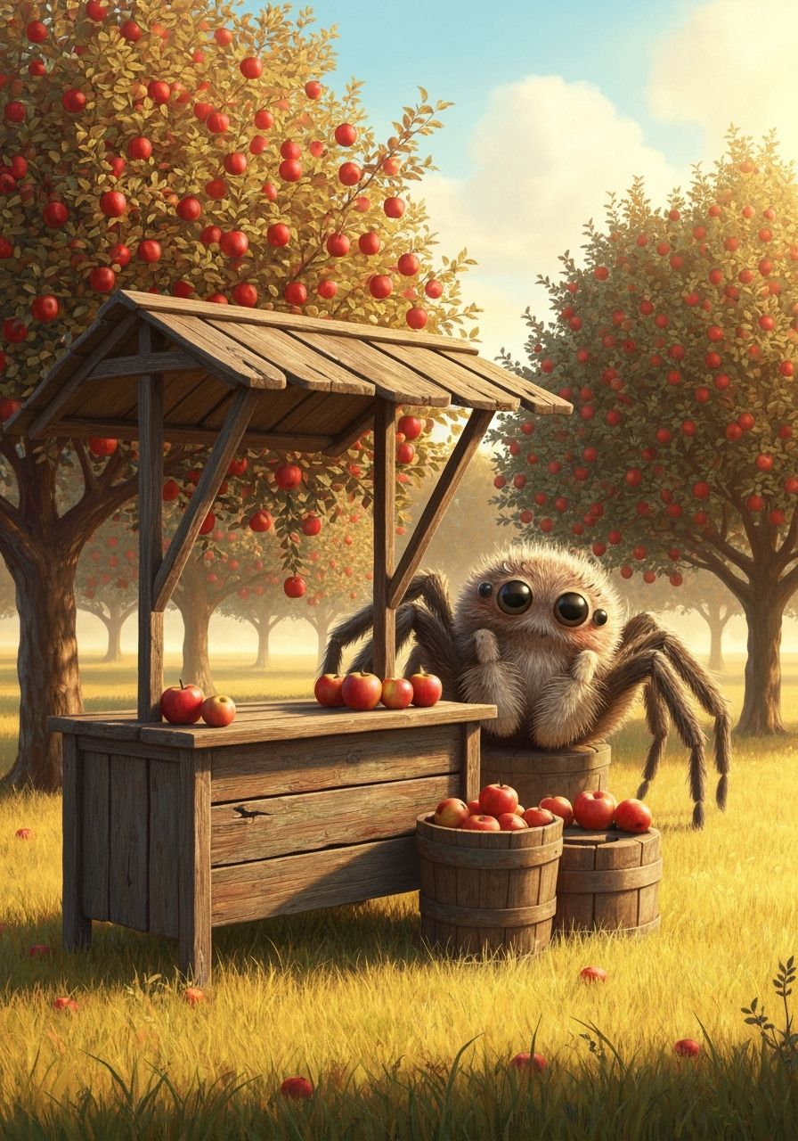 Whimsical Farm Stall With Cute Spider Offering Apples