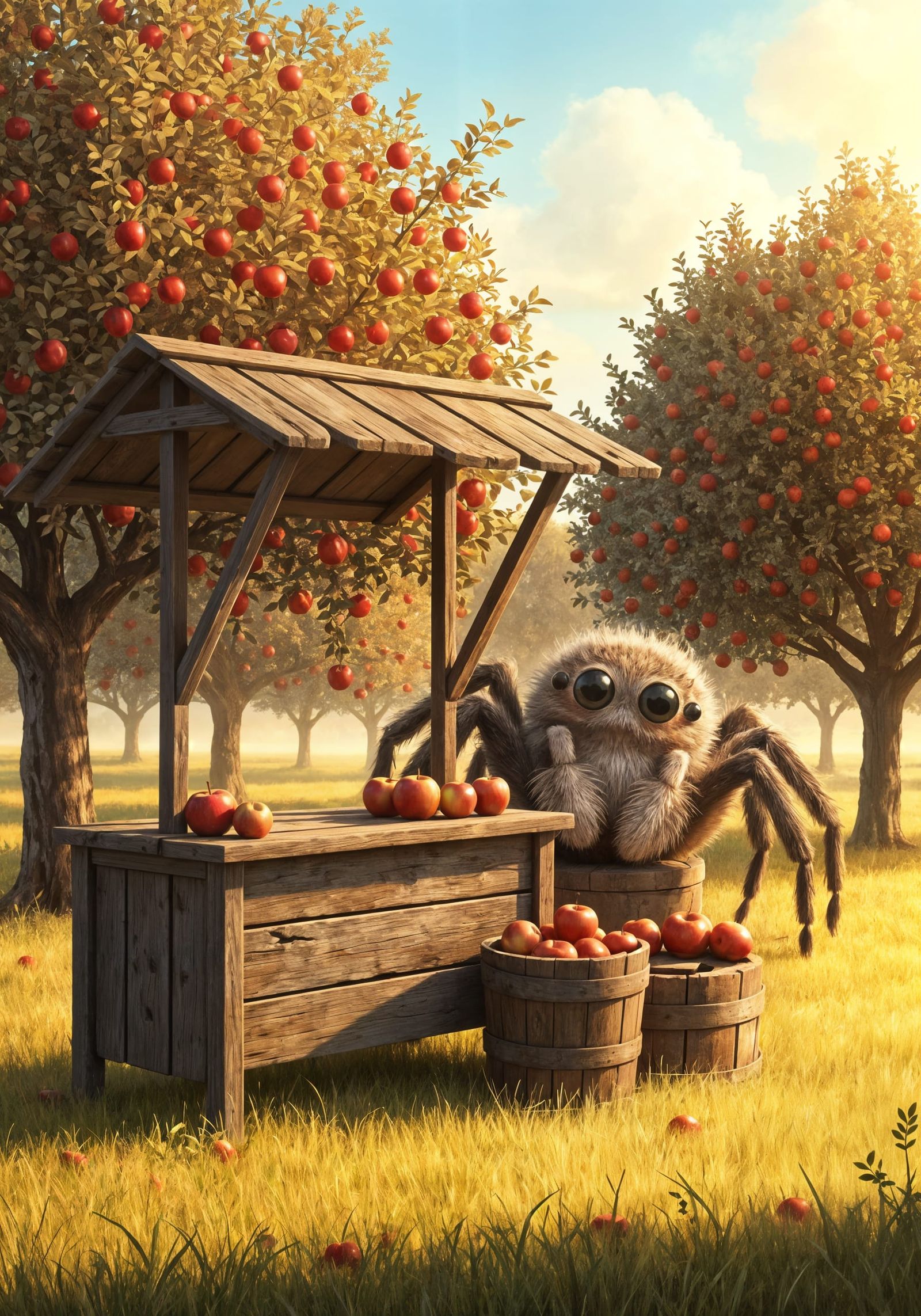 Whimsical Farm Stall With Cute Spider Offering Apples