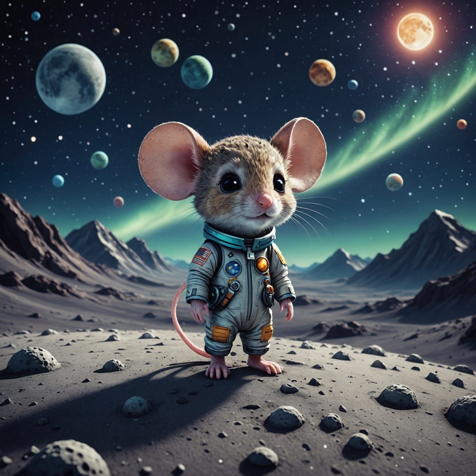 Chibi Mouse on the Moon with Northern Lights