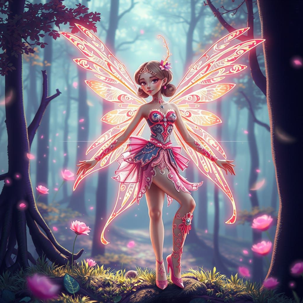 Fairy in Mystical Forest in Glitch Art Style