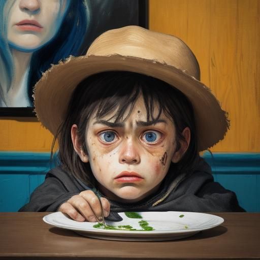 Expressive Portrait of Scowling Child as Impasto Oil Paintin...