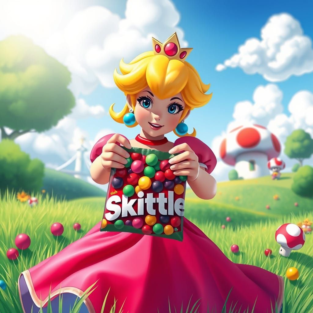 Princess Peach Shares Colorful Skittles in Whimsical Mushroo...