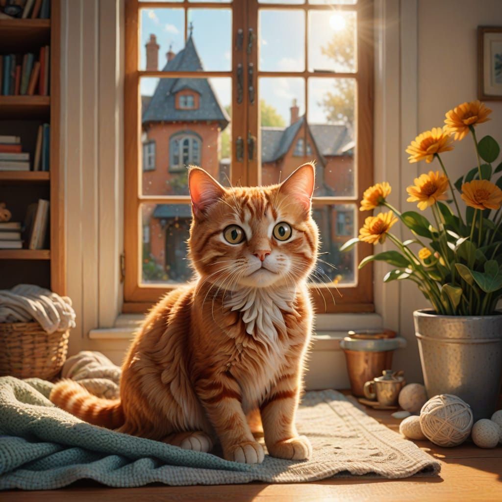 Whimsical Ginger Cat in Cozy House, Surprised by Missing Hat