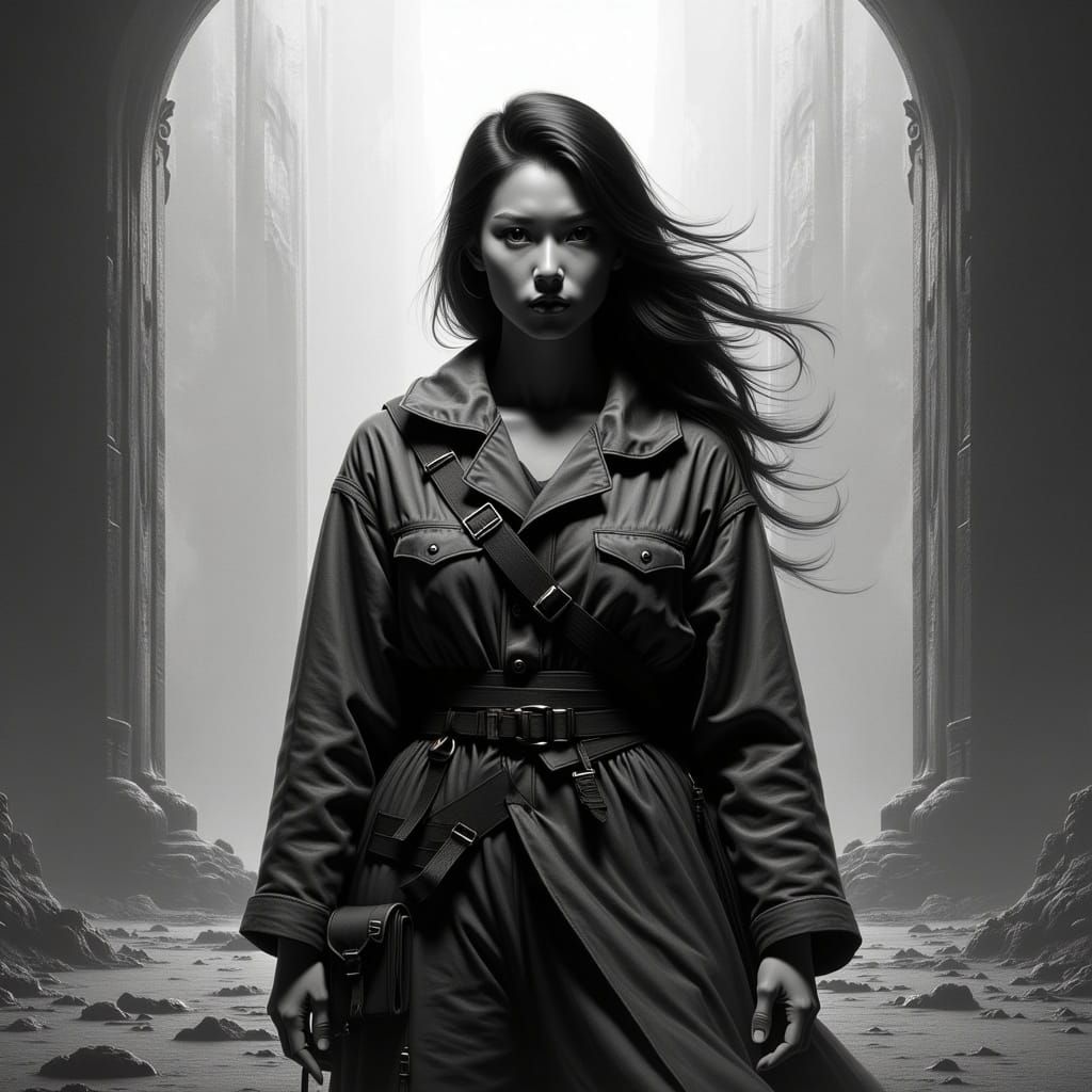 Triumphant Woman in Dystopian Shadow, in Gritty Style