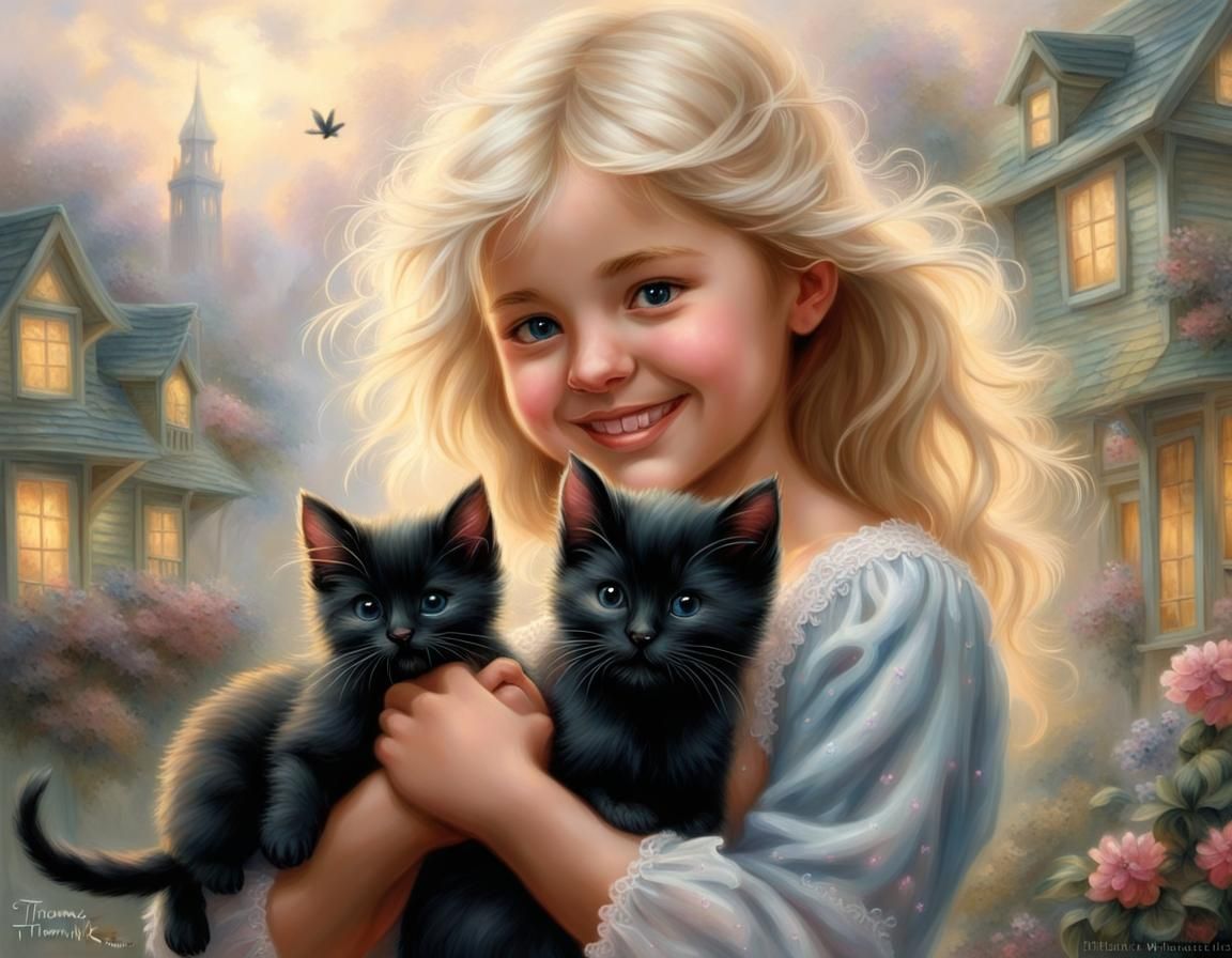 Blonde Girl Playing With Black Kittens: Fantasy Art