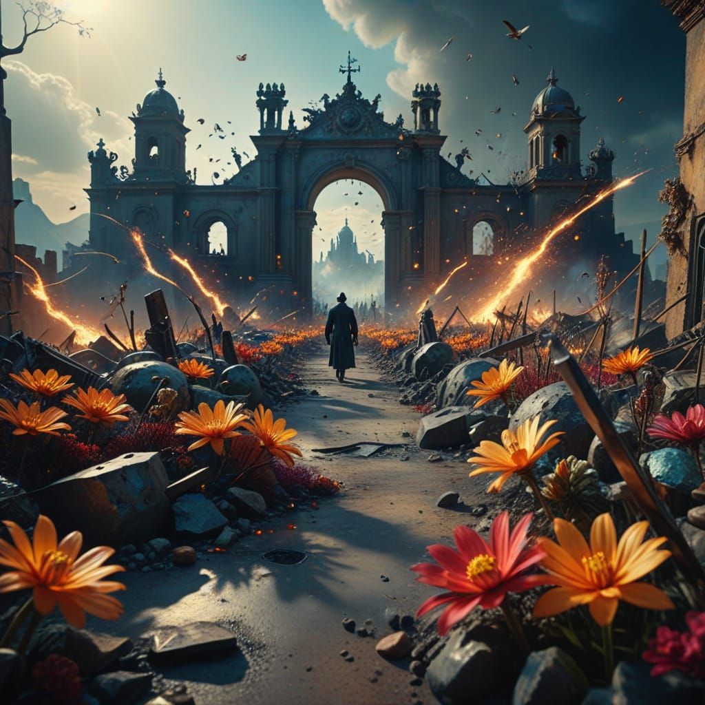 Surreal Harmony: Battlefield Contrasts with Vibrant Paradise