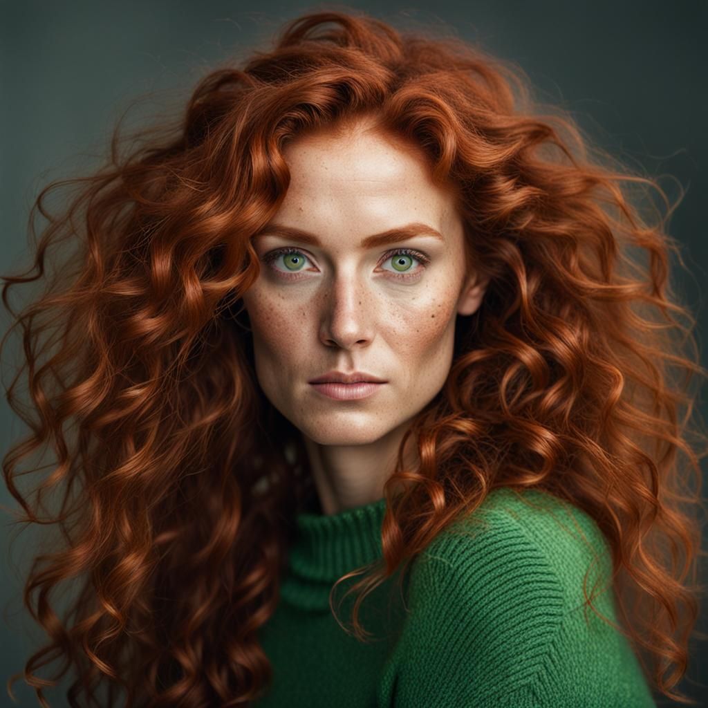 Ethereal Red-Haired Woman with Freckles and Green Sweater