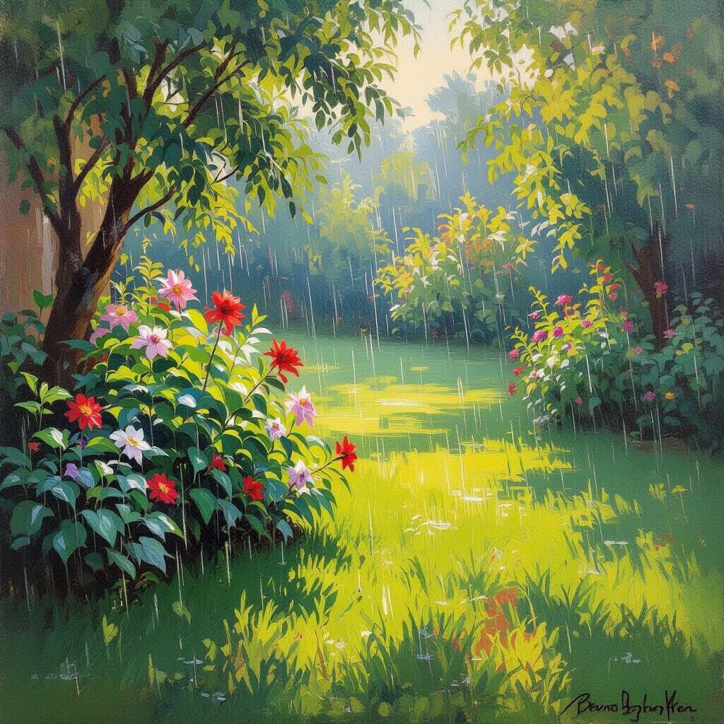 Glistening Garden After Summer Rain, Impressionistic Style