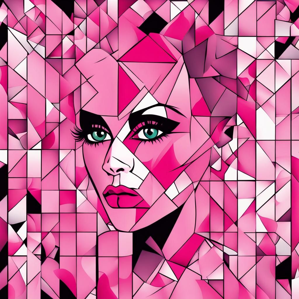 Punk Rock Girl in Pink Geometric Abstract Art