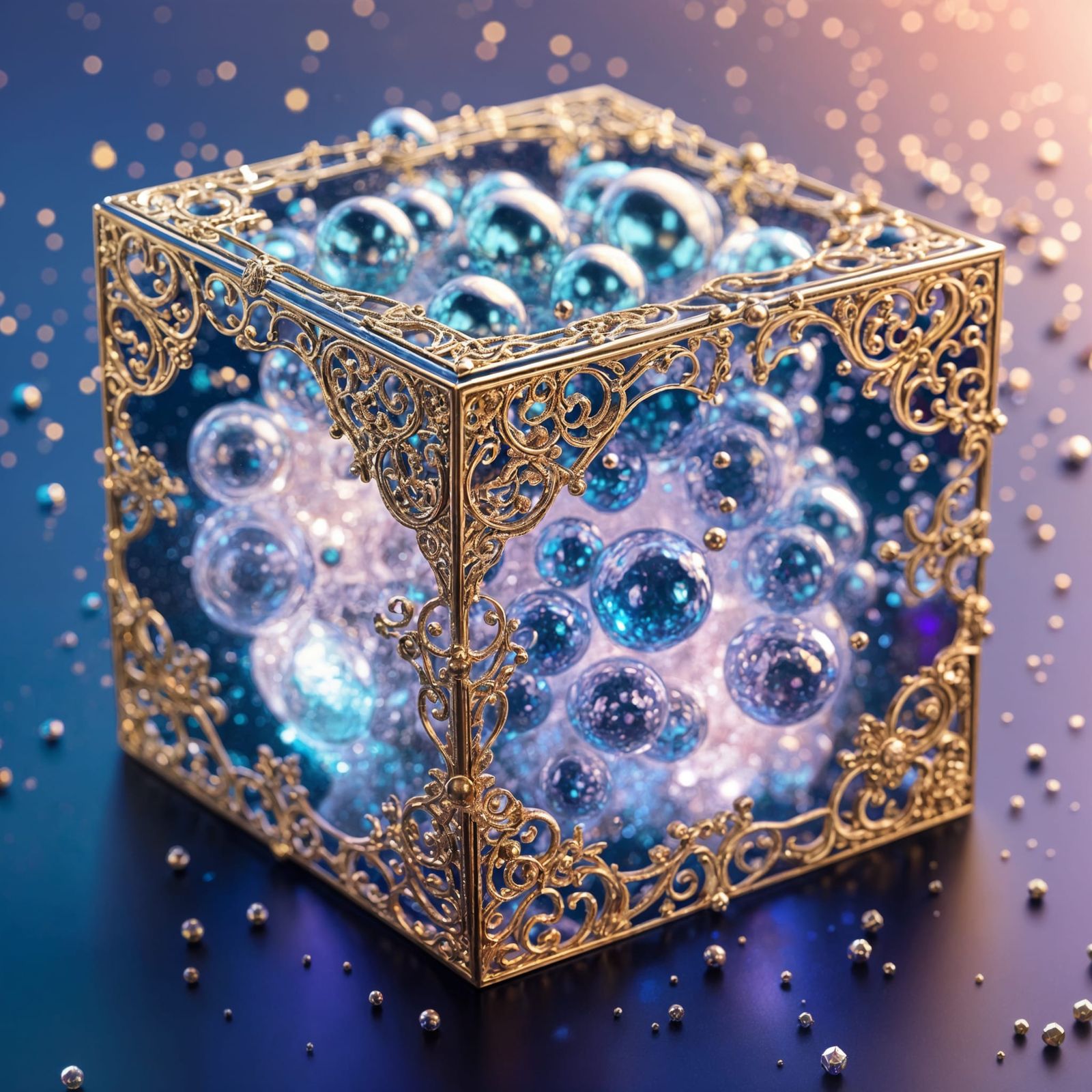 Filigree Cube of Shimmering Iridescent Bubbles