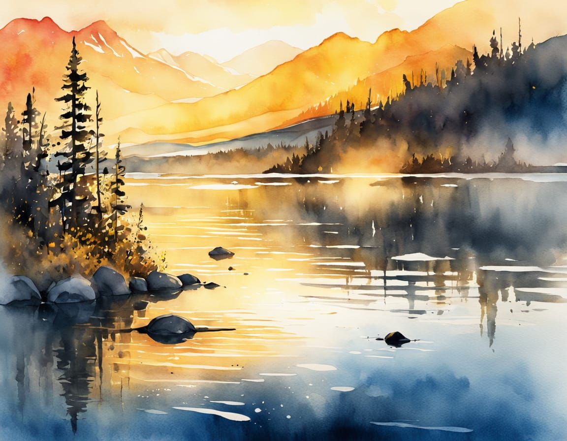Alaskan Lake at Sunset in Vibrant Watercolor