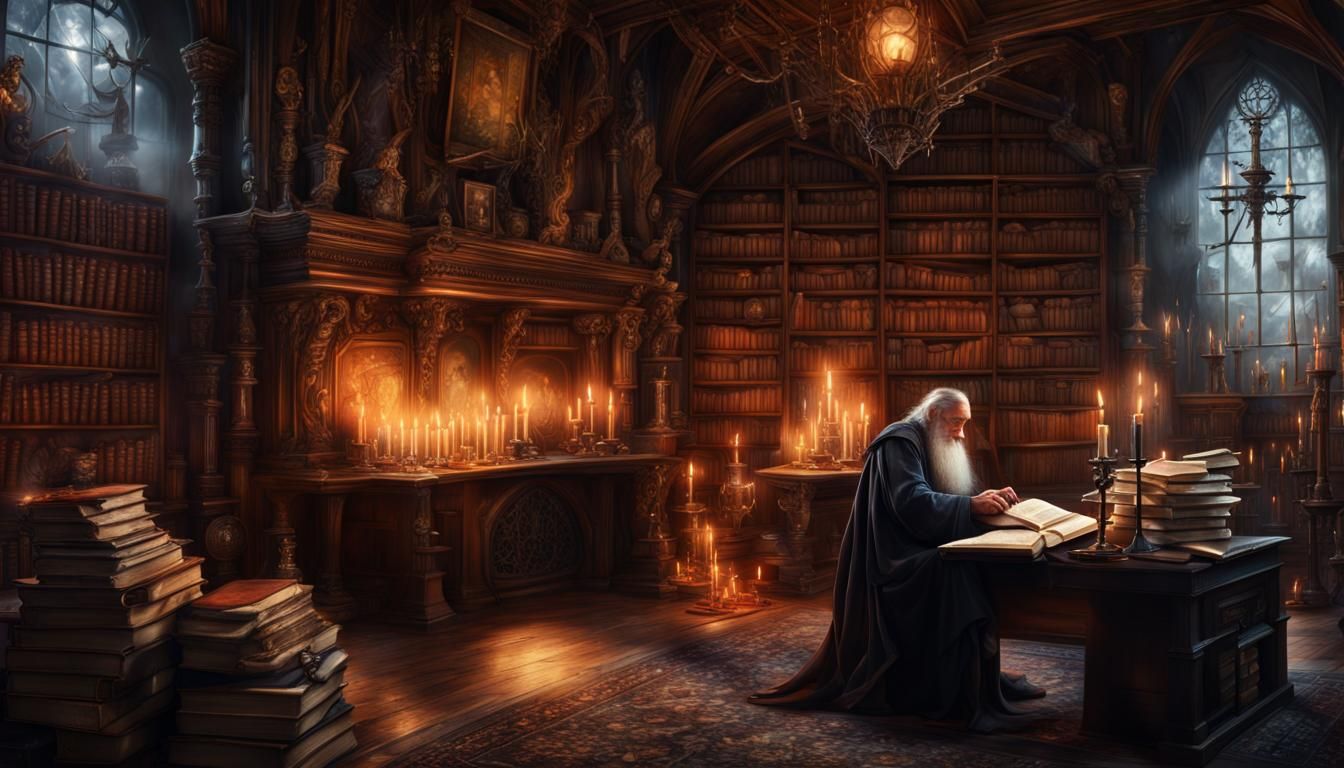 Wizard in Library with Old Tomes: Digital Matte Painting