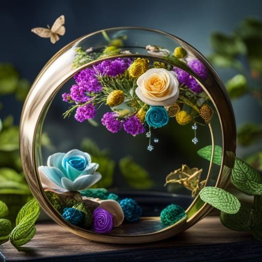 Whimsical Terrarium with Gold Roses and Fairies