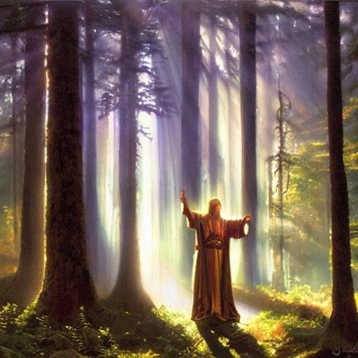 Mystic Paladin in Enchanted Forest Oil Painting