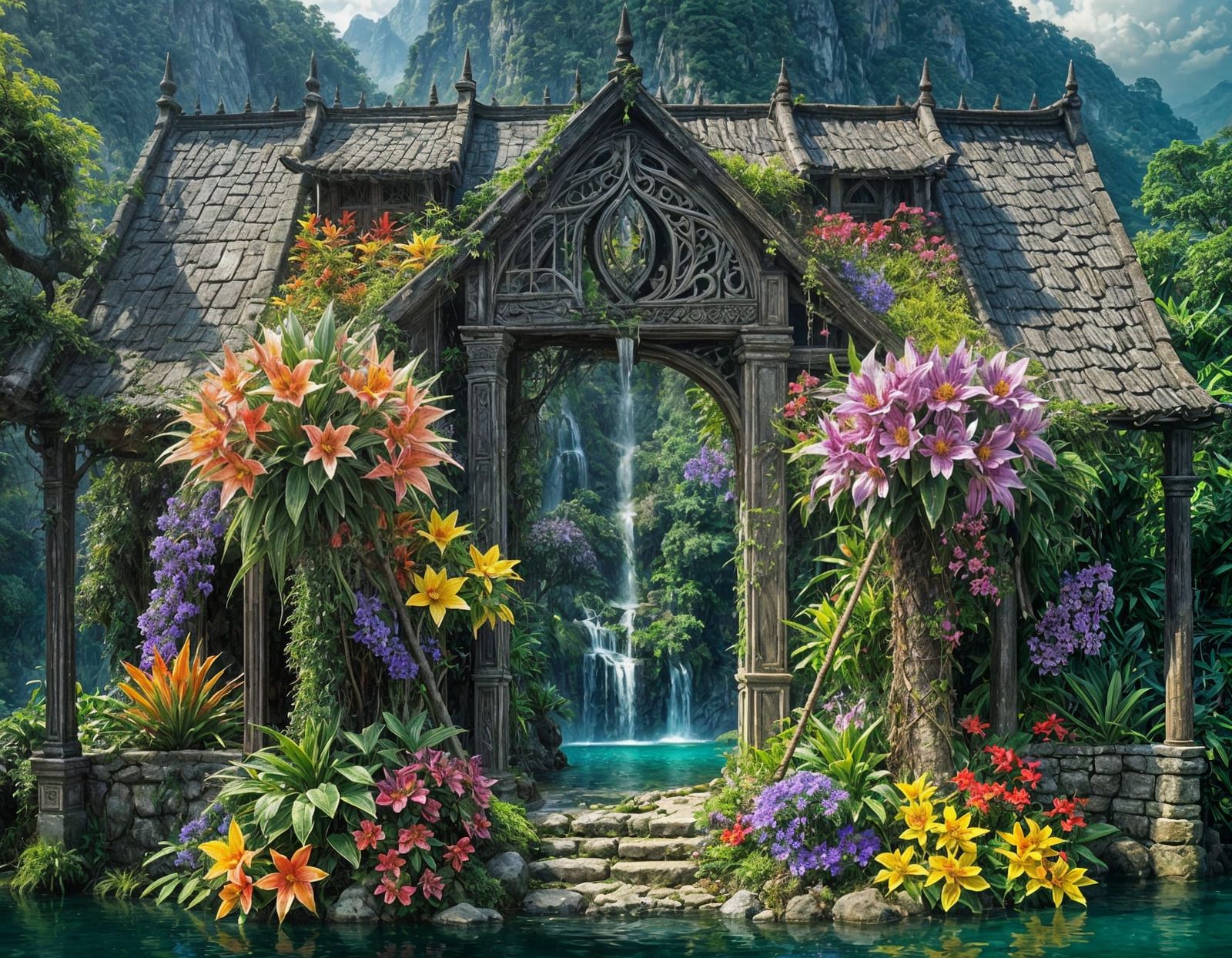 Extraordinary Waterfall in Vibrant Fantasy Jungle