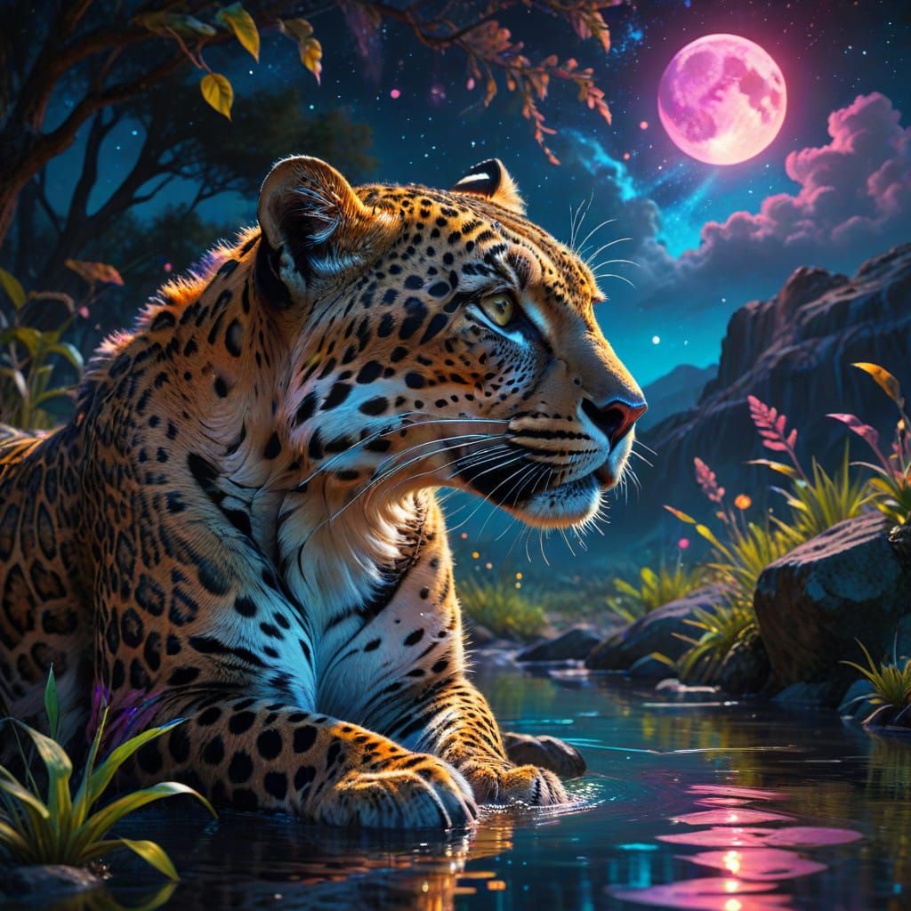 Majestic Neon Leopard Drinks at Luminous Waterhole