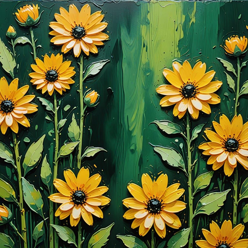 Vibrant Gouache Impressionism of Yellow Flowers on a Wooden ...