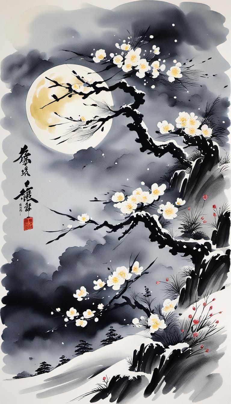 Chinese Ink Painting: Wind, Flowers, Snow, Moon