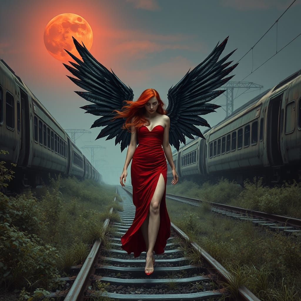 Fiery Redhead Angel Walks Abandoned Railway Track