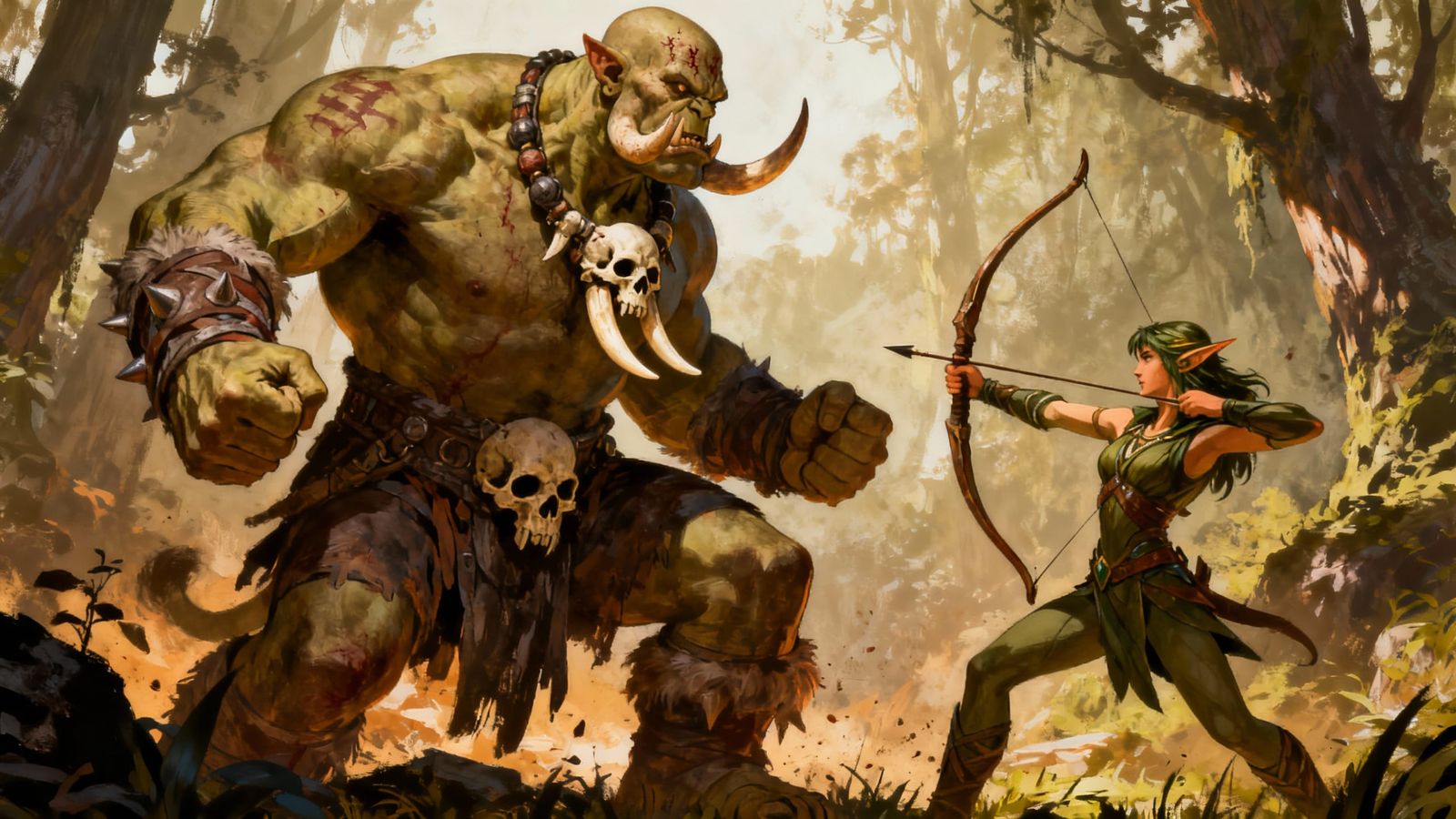 Massive Muscular Orc Ready to Fight Elf in Fantasy Art Style
