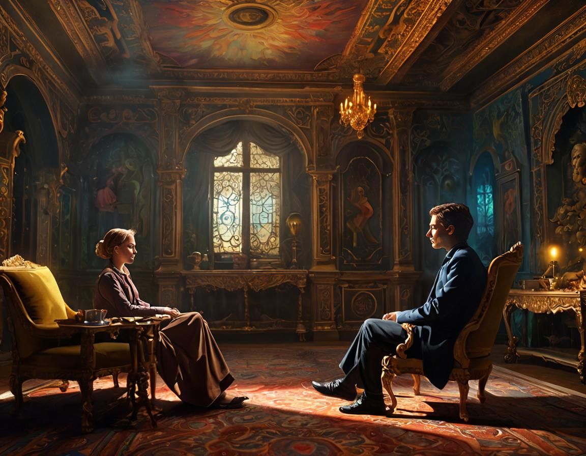 Surreal Interview in Ornate Room with Ethereal Glow