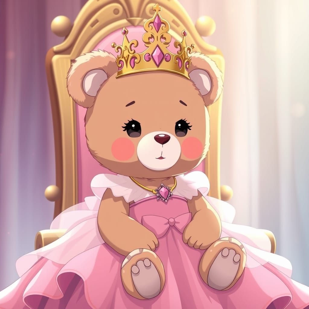 Anime Princess Teddy Bear in Whimsical Pink Ball Gown