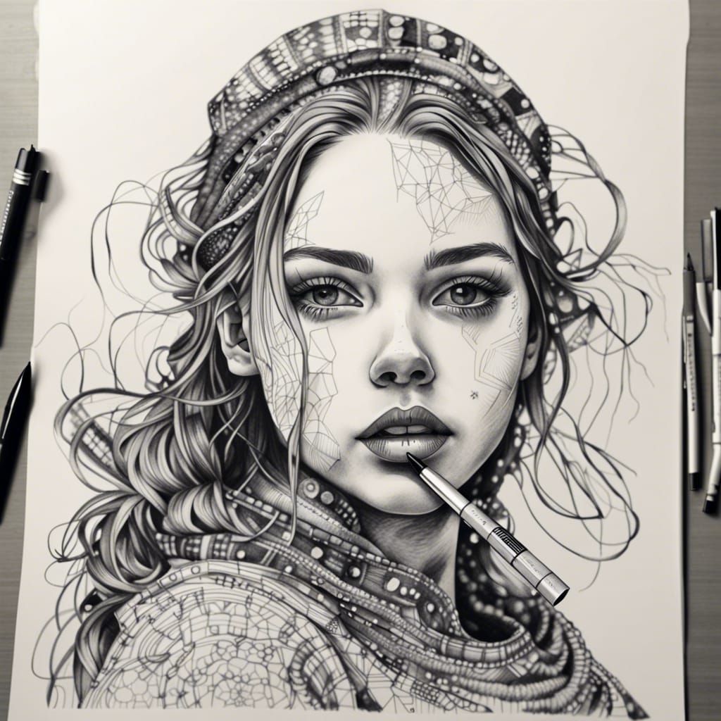 Detailed Ink Drawing of a Girl's Face