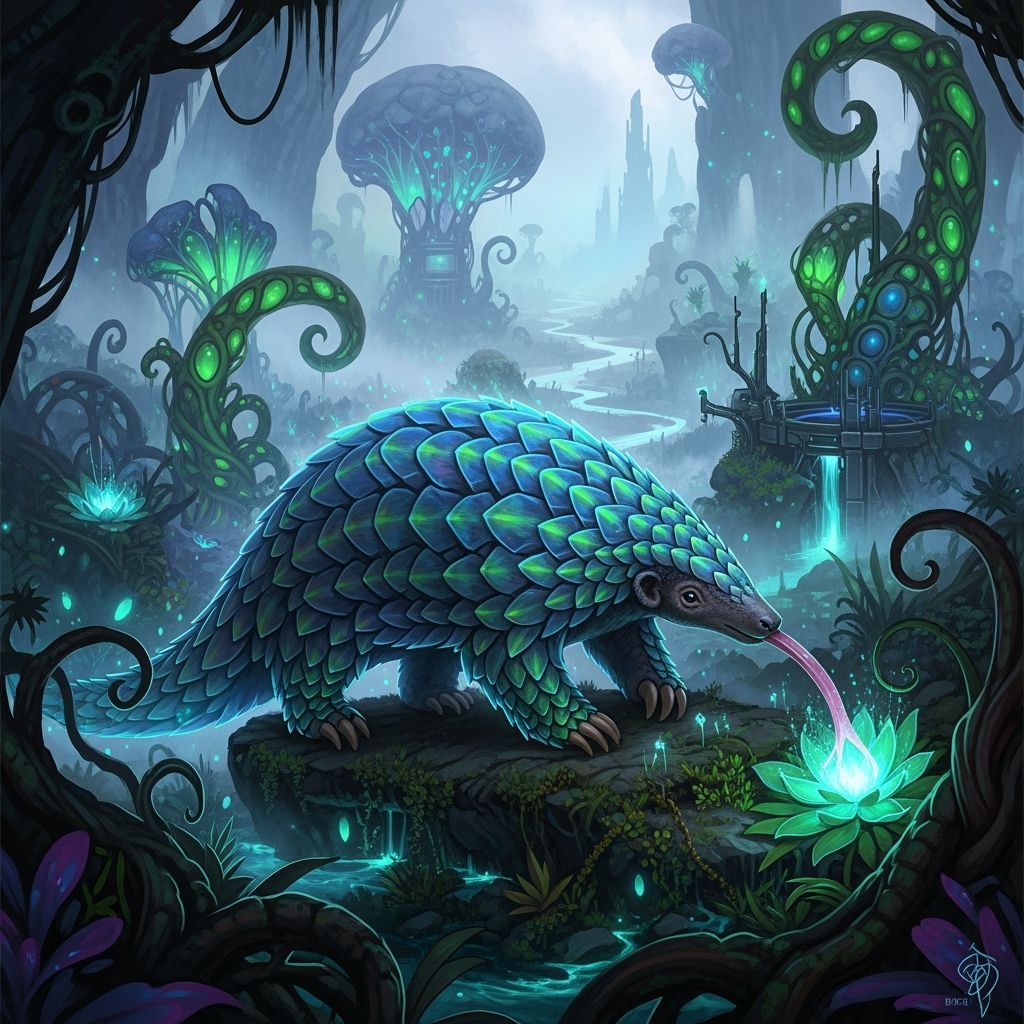 Bioluminescent Pangolin in Alien Jungle, High Fantasy Art