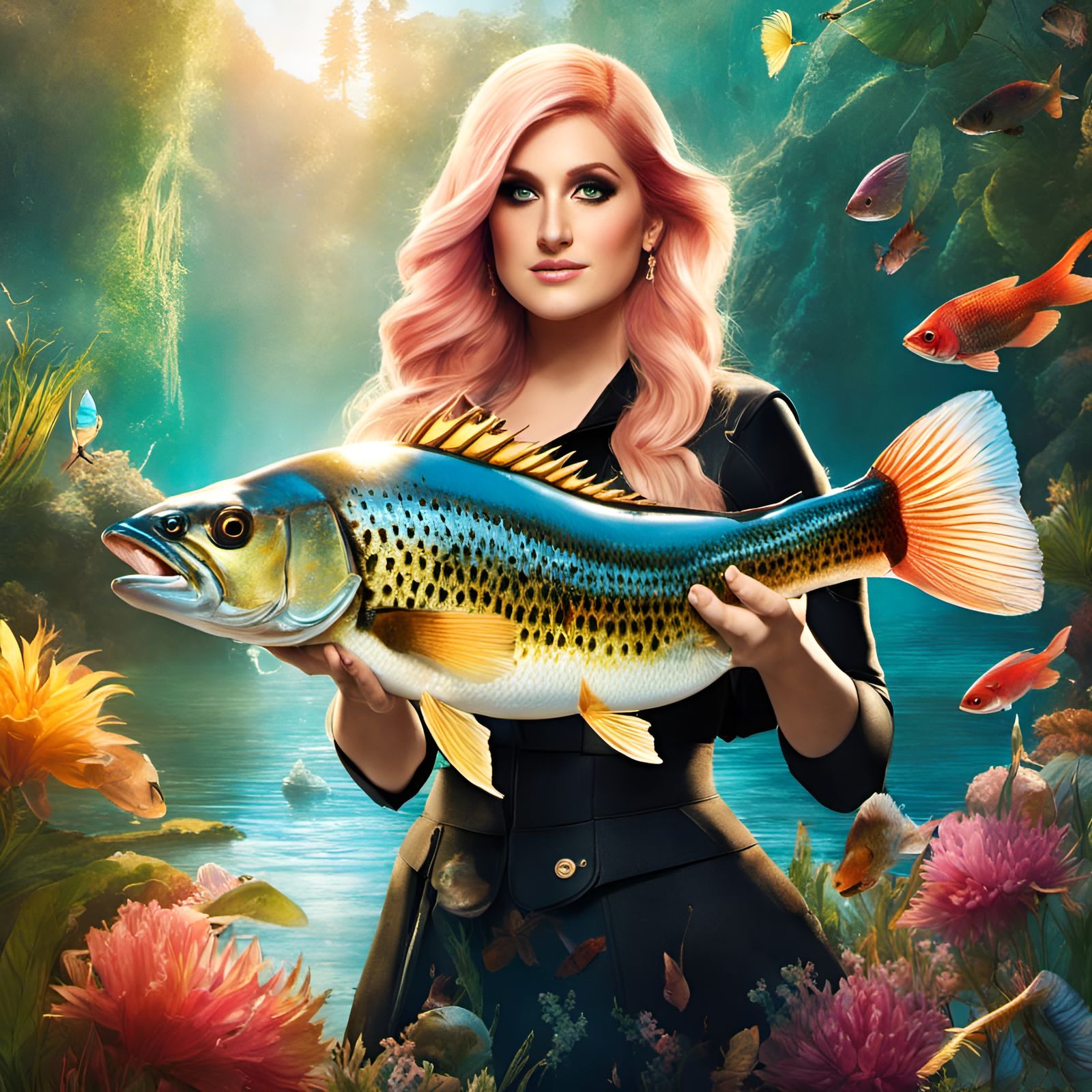 Woman Holding Bass Fish Portrait in Whimsical Style