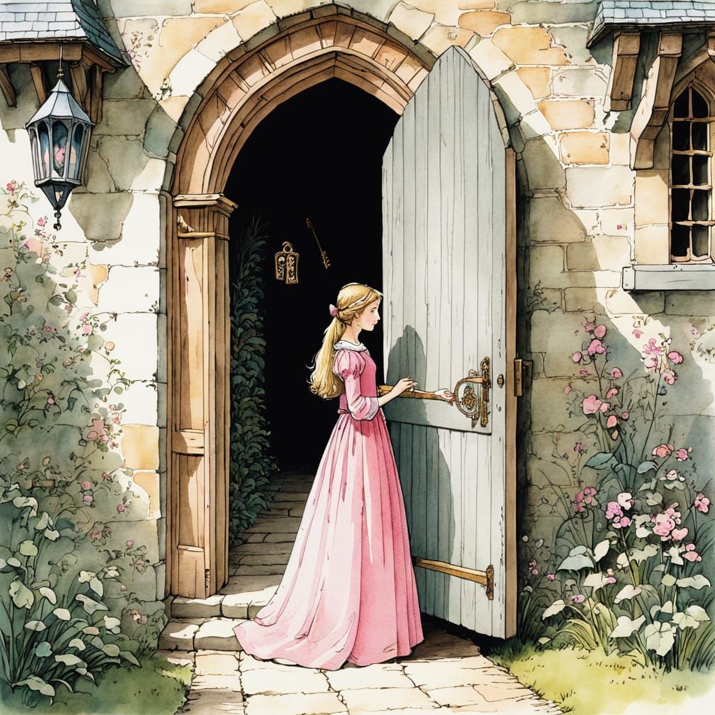 Medieval Maiden with Key: Watercolor Storybook Illustration