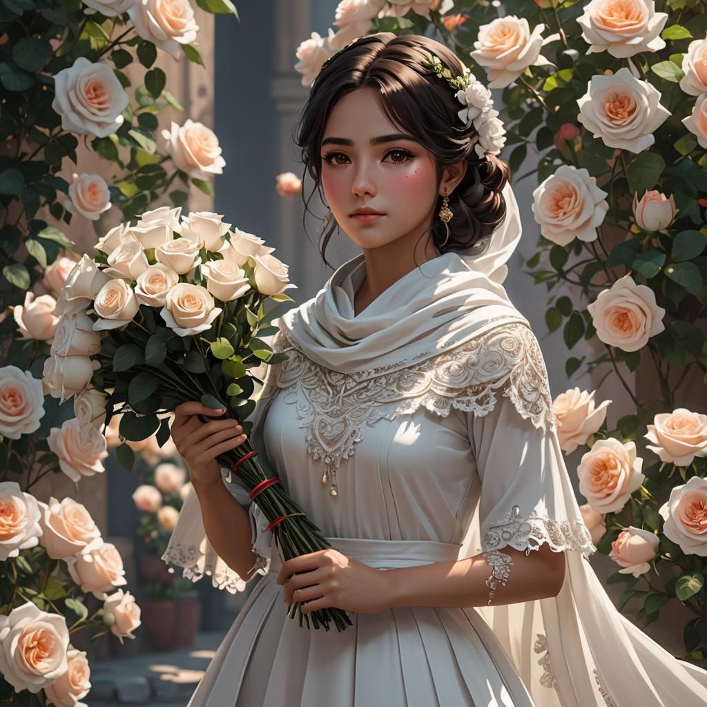 Mexican Woman with Roses in Anime Style