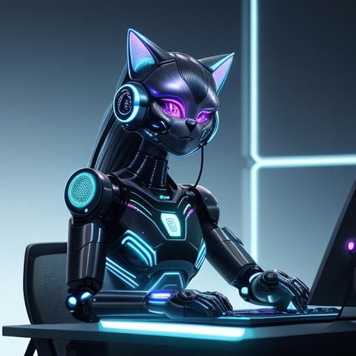 Futuristic AI Robot Cat with Glowing Circuits